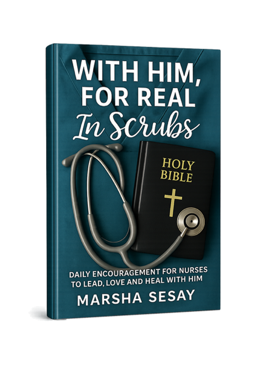 Cover of With Him, For Real in Scrubs by Marsha Sesay, showing a stethoscope and Bible on teal scrubs